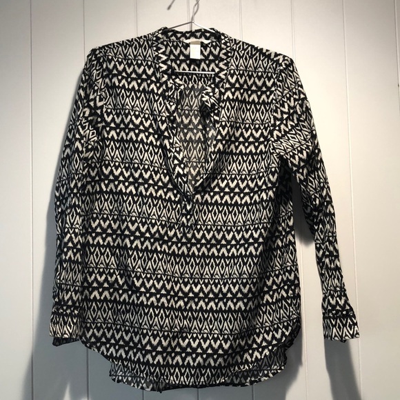 H&M cotton lightweight geometric pattern long sleeve Chinese collar 3/4 button 8 - Picture 1 of 9